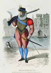 Musketeer in 1586, illustration from Costumes de Paris a travers les siecles by H. Gourdon de Genouillac, engraved by A. Renard