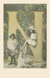 A girl holding a violin, another carrying flowers, a baby sitting