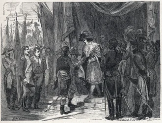 Napoleon Bonaparte (1769-1821) handing over the Treaty of Campoformio to the member of the Executive Board on 10 December 1797. This treaty between France and Austria marks the end of the First Coalition