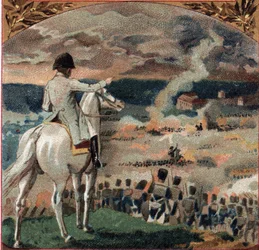 Napoleonic Wars: Napoleon I (1769-1821) observing the Battle of Brienne-le-Chateau on 29 January 1814 during the French campaign. The French army defeated the Prussian troops of General Gebhard Leberecht von Blucher (1742-1819).