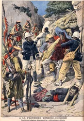 Native troops disarming Chinese reformists at the border with Tonkin, English Indochina. Tonkino-Chinese border. Indigenous riders disarming Chinese reformers. Illustration for Le Petit Journal