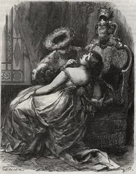 Nice neck! That an executioner would be happy to cut it off! King Henry VIII of England (1491-1547) with his wife, Catherine Parr (1512-1548). Engraving from 1871 in Histoire Des Cocus Celebres by Henry de Kock (1819-1892)