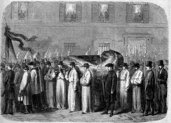 Funeral of Giovanni Battista Niccolini (1782-1861), 21 September 1861: funeral convoy carrying the remains of the Italian poet in the streets of Florence, Italy. Engraving in 