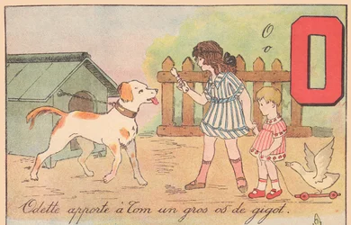 Odette brings Tom a large leg bone, around 1920