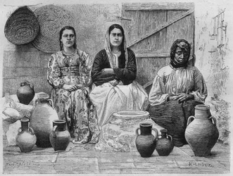 Oil merchants at Jerusalem, from La Syrie daujourdhui. Voyages dans la Phenicie, le Liban et la Judee. 1875-1880 by Louis Charles Emile Lortet, 1884