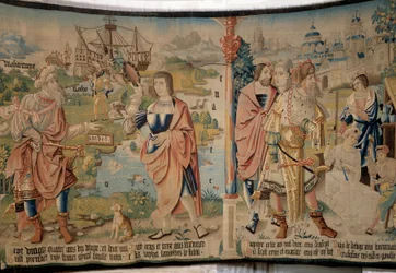 Samothes, the first king of Gauls, with a scepter in hand and an alphabet, at the bottom a boat and landscapes of Gaul, the Mediterranean, the Rhone and the ocean, on the right, Celtic Jupiter
