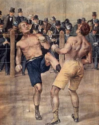 One of first savate meetings, French boxing, fought in Paris in 1899, Colour engraving
