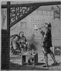Opium smokers in China in the 19th century - Engraving in “Sciences available to all - Popular physics and chemistry” by Alexis Clerc - End 19th century - Private collection