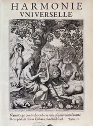 Orpheus playing for animals. Frontispiece of Harmonie universelle by Marin Mersenne