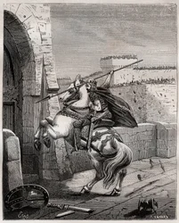 Otto II, Holy Roman Emperor before Paris - Otto II of the Holy Empire, known as the Red (955-983) irritates not being able to penetrate Paris (Paris siege, 978), advances under the walls of the city to plant his spear in the door - engraving