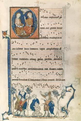 Page from a manuscript for a Parisian singer, with illustrations of the Holy Trinity and the game Blind Mans Bluff, c.1280-1315