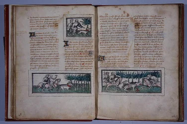 Pages 57 and 58, from Le Livre du Roy Modus et de la Royne Racio, by Henri de Ferrieres, c.1420