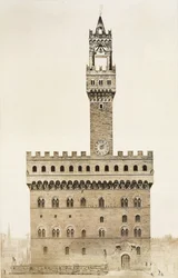 Palazzo Vecchio, or the Palazzo della Signoria, Florence, from Fragments of Architecture of the Middle Ages and the Renaissance, engraved by Jules Adolphe Chauvet