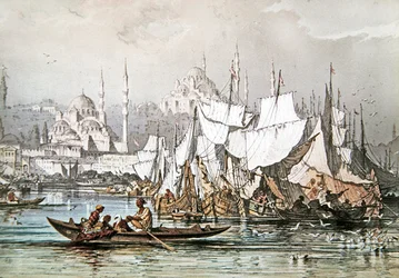 Panorama of Shipping in the Harbour at Constantinople with the Blue Mosque and Haghia Sophia