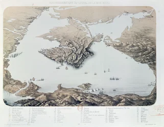 Panoramic view and plan of Sevastopol and the Black Sea Coast at the time of the Crimean War, 1855