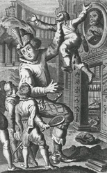 Pantagruel grabbing Limousin by the throat, illustration from 