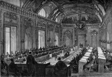 Paris, 4 August 1871: first meeting of the municipal council in the Throne Hall of the Palais du Luxembourg. Engraving in Le Monde Illustré n°748 of 12 August 1871