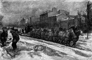 Paris under the snow, winter 1879-1880: the ice plow of Boulevard Montparnasse. Engraving in Le Monde Illustré n°1188 of January 3