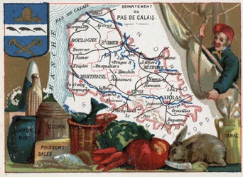 Pas-de-Calais (62), Nord-Pas-de-Calais, France. Local specialities: black soap, dirty fish, cider and tobacco. Series on the French Departments. Chromolithography (Chromo) “the geographic thread”, circa 1920. Private collection.