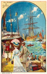 Passengers boarding a ship of the Austrian Lloyd line at the port of Suez, Egypt