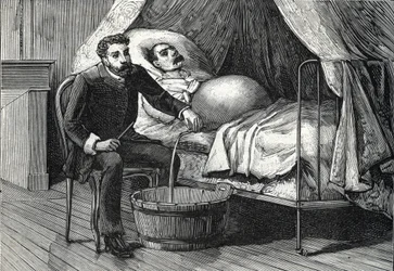 Patient with advanced liver cirrhosis, doctor performing a puncture (engraving, 1888)