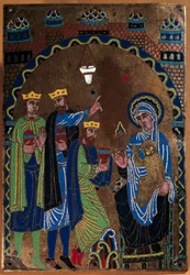 Plaque of the main altar of Grandmont Abbey: Adoration of the Magi. Gilded and chased enamel on copper. 1275-1300. From Limoges. Paris, National Museum of the Middle Ages, Thermes de Cluny