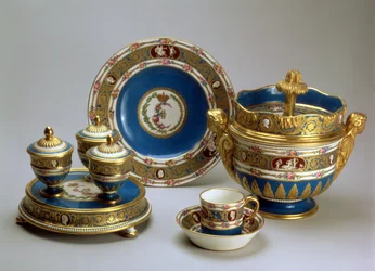 Plat de Menage, dish, cup and saucer and ice cream bowl from the Blue Cameo Service, Sevres, 1778-9