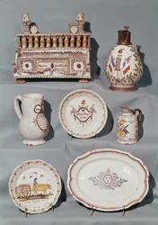 Plates, Dish, Jug, Tobacco Jar; Writing Case and Tankard Inscribed with French Revolutionary Motifs and Slogans, end 18th century