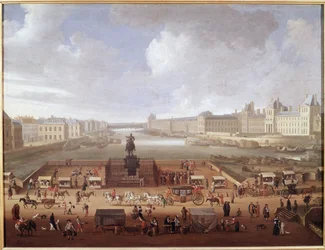 Pont Neuf, Paris, seen from the entrance to Place Dauphine, showing the College of the Four Nations, Quai Malaquais and the Louvre
