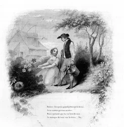 Poor Jacques. A young girl kneels before the flowers near a gardener. Engraving in 