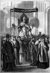 Pope Pius IX (1792-1878) carried processionally to the Church of St. Peter in Rome (Italy) on Palm Sunday in 1861. Engraving in 