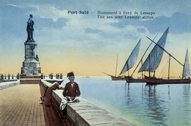 Port Said Postcard. Monument Dedicated to Fernand de Lesseps with Views of the Port and the Sea. Around 1900 (Postcard)