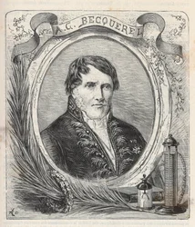 Portrait of Antoine Cesar Becquerel (1788-1878), French physicist - Engraving in Sciences à la gratete de tous - physics et chimie populaires by Alexis Clerc - End 19th century - Private collection
