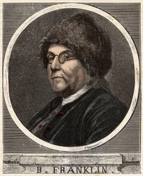 Portrait of Benjamin Franklin (1706-1790) American printer, publisher, scientist, inventor, statesman and diplomat - Engraving in 