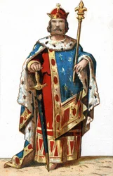 Portrait of Hugues I Capet (c. 941-996), Duke of France and then King of France. Chromolithography of the late 19th century.
