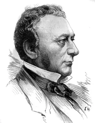 Portrait of Isaac Pereire (1800 - 1875), founder of the Société de Crédit Mobilier and the Compagnie Générale Transatlantique. Engraving in 