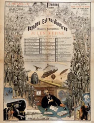 Portrait of Jules Verne and Scenes of His Works - Advertising Poster for His Complete Works