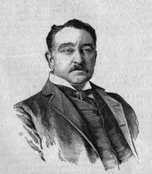 Portrait of Sir Cecil Rhodes (1853-1902), English governor of the colony of Cape Town in South Africa (Transvaal). Engraving in 