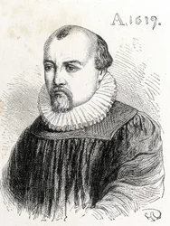 Portrait of Solomon de Caus (1576-1624), French physicist - in Album of Science; illustrious scholars; Great Discoveries 1896