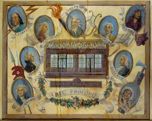 Portrait of Historical Figures and View of the Parisian Cafe Le Procope