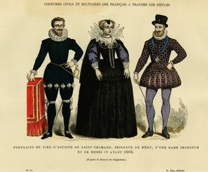 Portraits before 1600, of Antoine de Saint Chamand, lord of Mery sur Oise, and of the King of France Henry IV, surrounding an unknown woman. Engraving in colours after the drawing by Gaignieres, in France et les francais a travers les siecles