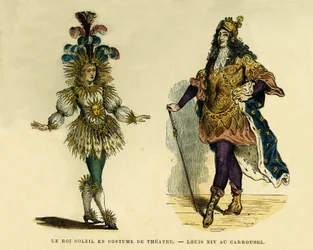 Portraits of King Louis XIV, in theatre costume and carousel. Colour engraving, in 