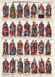 Portraits of the kings and queens of France of the Dynasty of Merovingians and Carolingians. Epinal imaging from the end of the 19th century. Private collection.