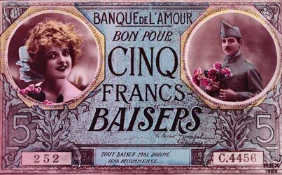 Postcard in the form of a voucher for five kissesfrancs from the Bank of Love, 1914-18
