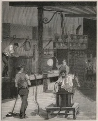 Pottery, Manufacture de Sevres: Vacuum and compressed air casting workshop. Engraving from 1885 in 