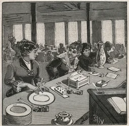 Pottery: painting workshop on porcelain in the 19th century in France. Engraving from 1880 in 