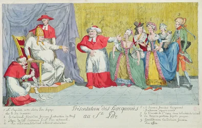 Presentation of the Mares to the Holy Father, caricature of the introduction of Adelaide and Victoire de France to the Pope, 17th April 1791