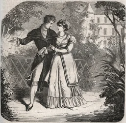 Princess of Wales Carolina of Brunswick (1768-1821) walking with her lover, Bartolomeo Bergami. Engraving from 1871 in Histoire Des Cocus Celebres by Henry de Kock (1819-1892)