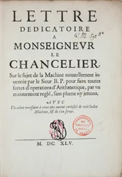 Printed dedicatory letter on the invention of the calculating machine by Blaise Pascal