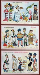 Promotional and educational cards for children depicting food specialities of the Lorraine region, c.1910